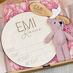 Personalized Baby Shower Gift | Baby Stat Sign | Baby Brush | Photo Prop Bear | Laser Cut & Engraved