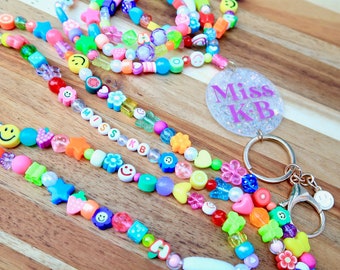 Y2K Rainbow Beaded Lanyard | Colorful Teacher Lanyard | Personalized Teacher Gift | Cute Badge Holder | Custom Elementary Breakaway Lanyard