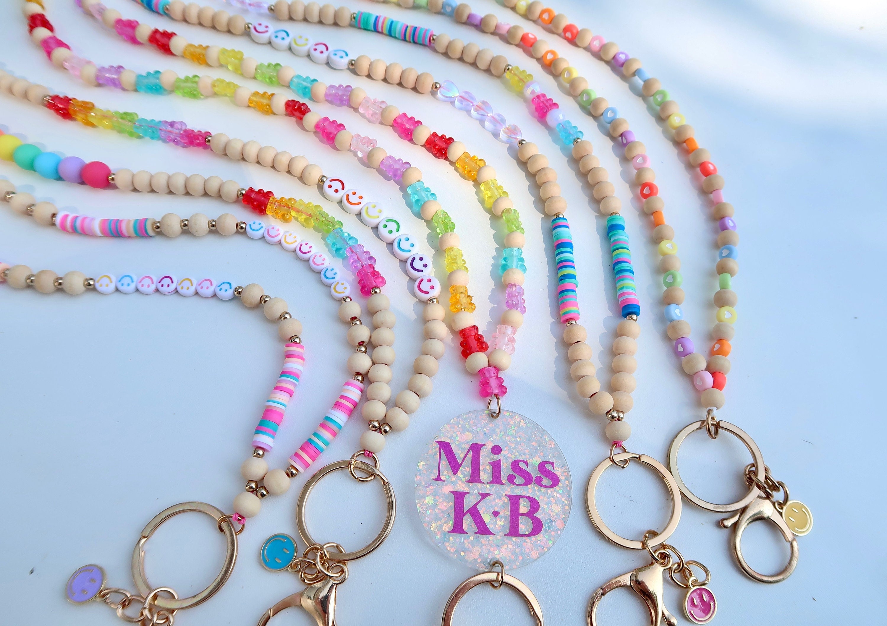 ハッピーハンドメイドイヤリング no.456 Personalized Colorful Teacher Lanyards | Rainbow Beaded Lanyard