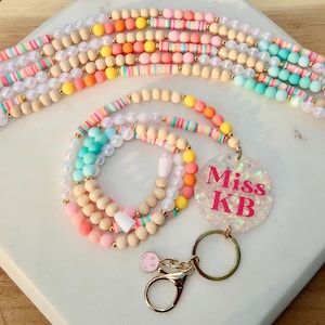 NEW Colorful Sparkly Personalized Teacher Lanyard | Sherbet Rainbow Beaded Lanyard | Back to School | Nurse Badge Holder | Breakaway Lanyard