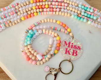 NEW Colorful Sparkly Personalized Teacher Lanyard | Sherbet Rainbow Beaded Lanyard | Back to School | Nurse Badge Holder | Breakaway Lanyard