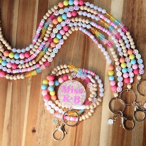 Smiley Face Personalized Teacher Lanyard | Rainbow Beaded Lanyards | Gummy Bear Gift | Nurse Badge Holder | Sparkly Lanyard | Breakaway