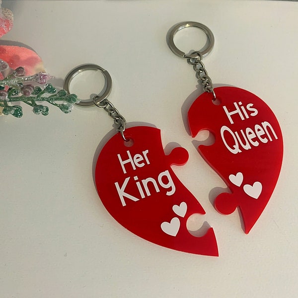 Personalised His and Hers Keyring keychain| His Queen Her King Keyring| Heart keychains| Couples keepsake