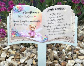 Personalized Baby Memorial Grave Marker: Teddy Bear Open Book Plaque