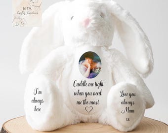 Gepersonaliseerde herdenkingskonijn aandenken |  Fotocadeau | Cadeau voor rouwverwerking | Een knuffel uit de hemel aandenken beer | Gedenkteken als aandenken |