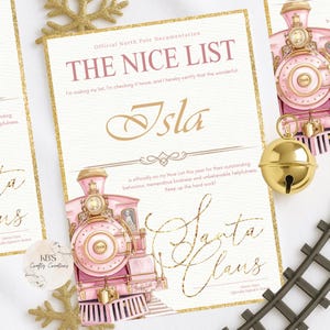 Puede incluir: Certificado personalizado de la "Lista de los Buenos" con una ilustración de tren rosa y detalles dorados. El certificado incluye el nombre "Isla" y está firmado por Papá Noel. Un diseño festivo para Navidad.