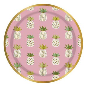 May include: Pink paper plates with a gold rim and a repeating pattern of gold pineapples on a pink background.