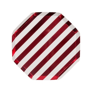 May include: Red and white striped paper party plate with a scalloped edge.