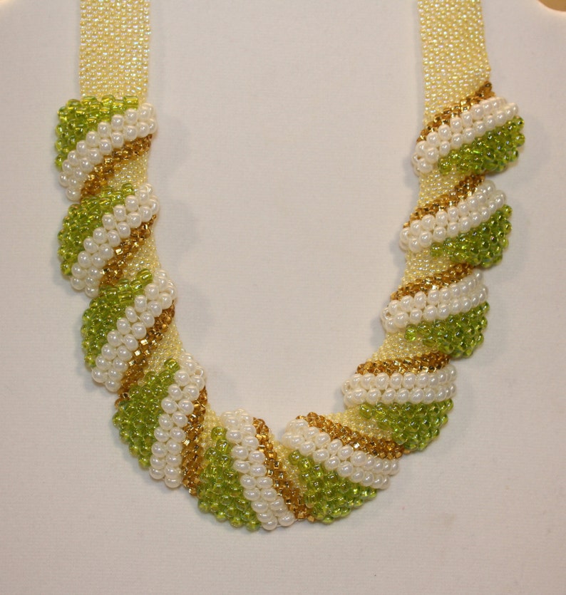 Lime Green, Gold and a Soft Yellow Hand Beaded Necklace  Cellini Spiral Necklace  Pastel Yellow and Lime Green with Gold Accent Necklace