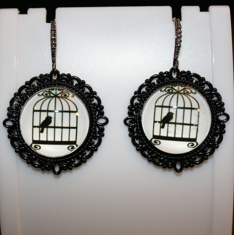 Birds in a Cage Earrings Black on White Cabochon Earrings Song Etsy