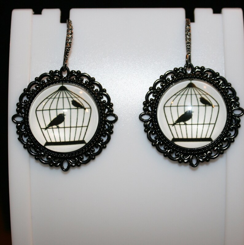 Birds in a Cage Earrings Black on White Cabochon Earrings Song Etsy