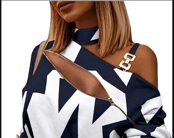 Long Sleeve Tops Color Block Leopard Zip Cutout Front Off Shoulder Shirts Stylish Cold Shoulder Halter Blouse
