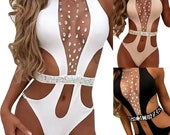 Women 39 s Rhinestone Mesh Monokini Padded Swimsuit One Piece Bathing Suit Swimwear
