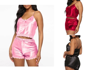 Mujer Seda Satén Pijama Set Damas Chaleco Cami Ropa corta De noche Ropa de dormir Babydoll