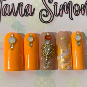 Orange Hot Summer Nails Press on Nails like Acrylic Nails for Summer. Orange Nails with Nail Designs. Nails to Purchase Nails for Spring
