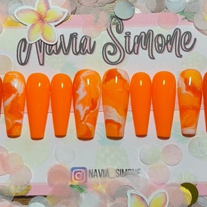 Orange Press on Nails with marble Nail Art. Orange Fake Nails. Press on Nails Long Nail Kit. Press on Nails Short Nails for Summer Nails