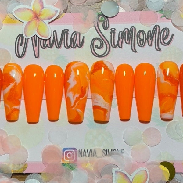 Orange Press on Nails with marble Nail Art. Orange Fake Nails. Press on Nails Long Nail Kit. Press on Nails Short Nails for Summer Nails