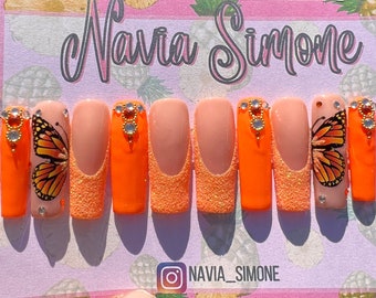 Orange Butterfly Square Press on Nails Long Fake Nails