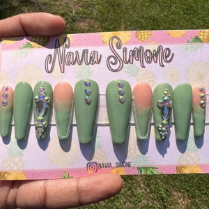 Sweet Sage - Green press on nails short glue on nails | Nails press on long coffin nails | Square press on nails green with ombre nail art