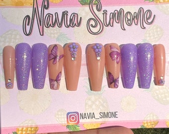 Purple Fake Nails Press on with Butterfly Nails Art, Glue on Nails like Acrylic Press on Nails Coffin, Lilac False Nails, 10pc Nail Set