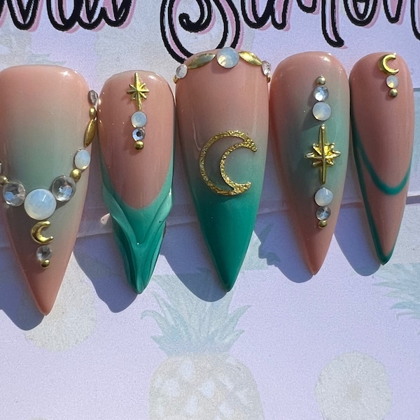 Moon & Stars - Long Press on Nails Stiletto Fake Nails Press On | Blue Spring Nails Set Short | Cute Summer Glue on Nails | Set of 10 Nails