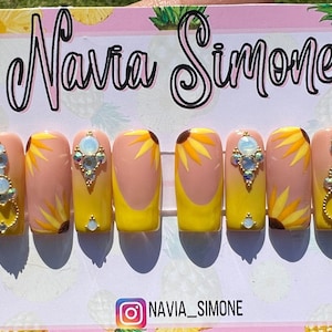 Sunflower Almond Press on Nails Short Almond, Yellow Press on Nails Coffin, Press on Nails Long Square