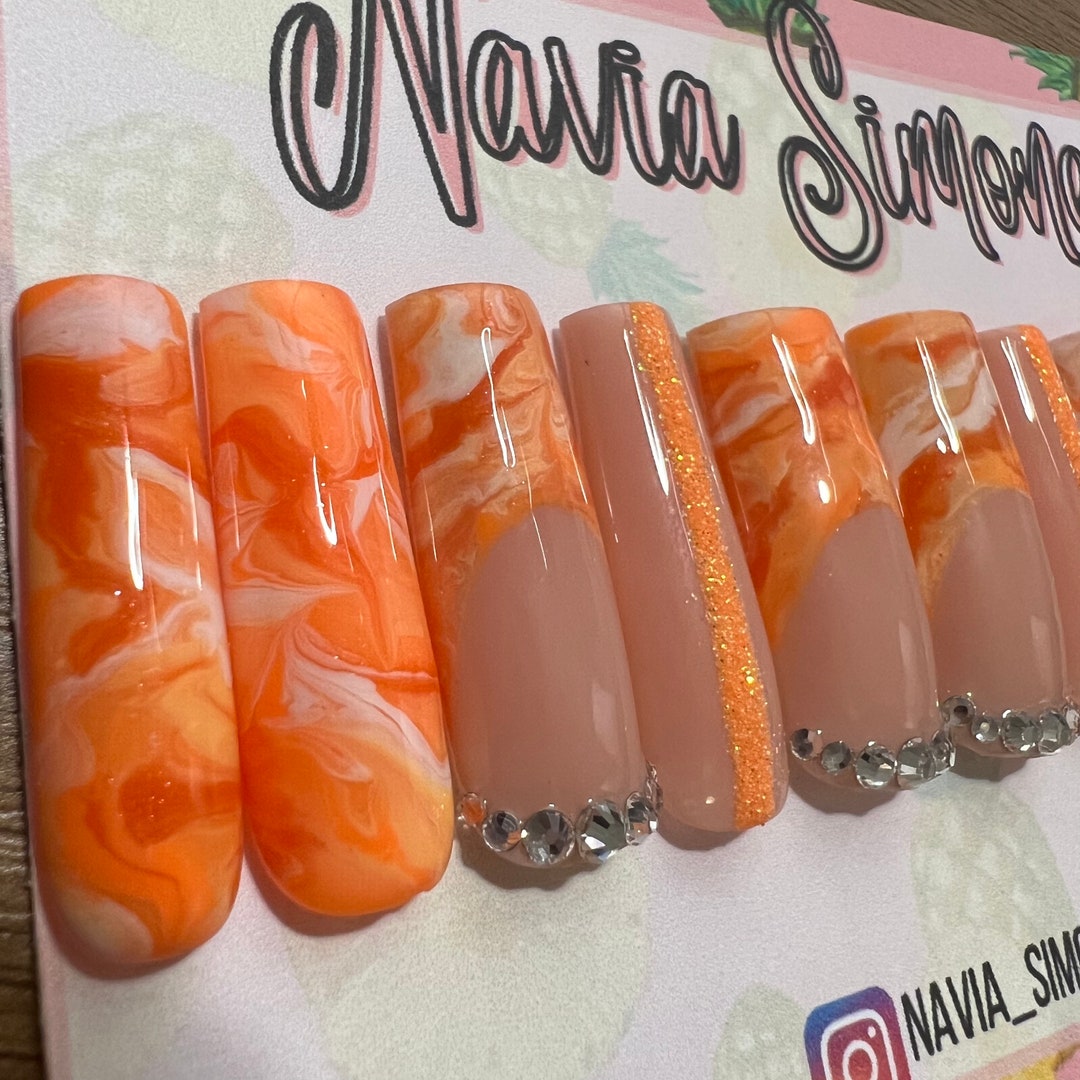Orange Creamsicle Nails Press on Long With Marble Nail Designs. Square Press on Nails. Orange