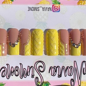 Yellow Summer Fake Nails Press on Short Almond, Handmade Square Press on Nails Long