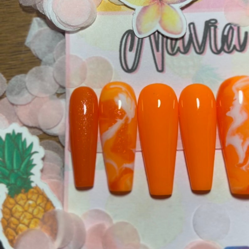 Orange Press on Nails With Marble Nail Art. Orange Fake Nails. Etsy