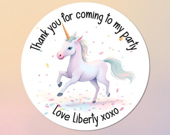 Custom unicorn birthday stickers, party stickers, circular, circle, round, rectangle, square stickers or custom writing, party bag stickers