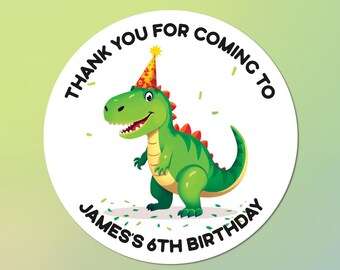 Custom dinosaur birthday stickers, party stickers, circular, circle, round, rectangle, square stickers or custom writing, party bag stickers