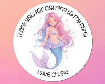 Custom mermaid birthday stickers, party stickers, circular, circle, round, rectangle, square stickers,  ariel stickers, party bag sticker