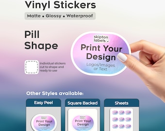 Custom Die Cut Vinyl Stickers, Pill Shape, Waterproof stickers, Matte/Glossy Finish, Print Your Design
