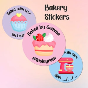 Personalised baked by stickers, bakery stickers, cake stickers, cupcake stickers, circular stickers, bag stickers