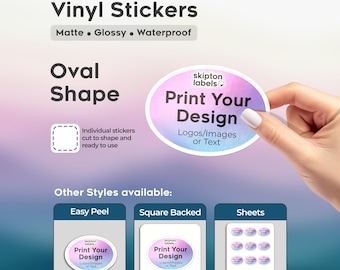Custom Die Cut Vinyl Stickers, Oval Shape, Waterproof stickers, Matte/Glossy Finish, Print Your Design