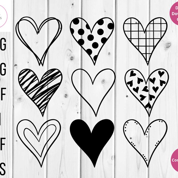 Valentine Nine Hearts, Valentine Heart Digital Cutting File, Vector Design, Doodle Heart Svg, Hand Drawn Heart Svg, Open Heart Svg, Love Svg