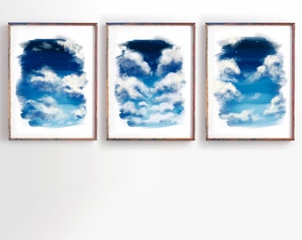 Blue Sky Wall Art, Watercolor Art, Set of 3 Print, Cloud Art, Wall Decor