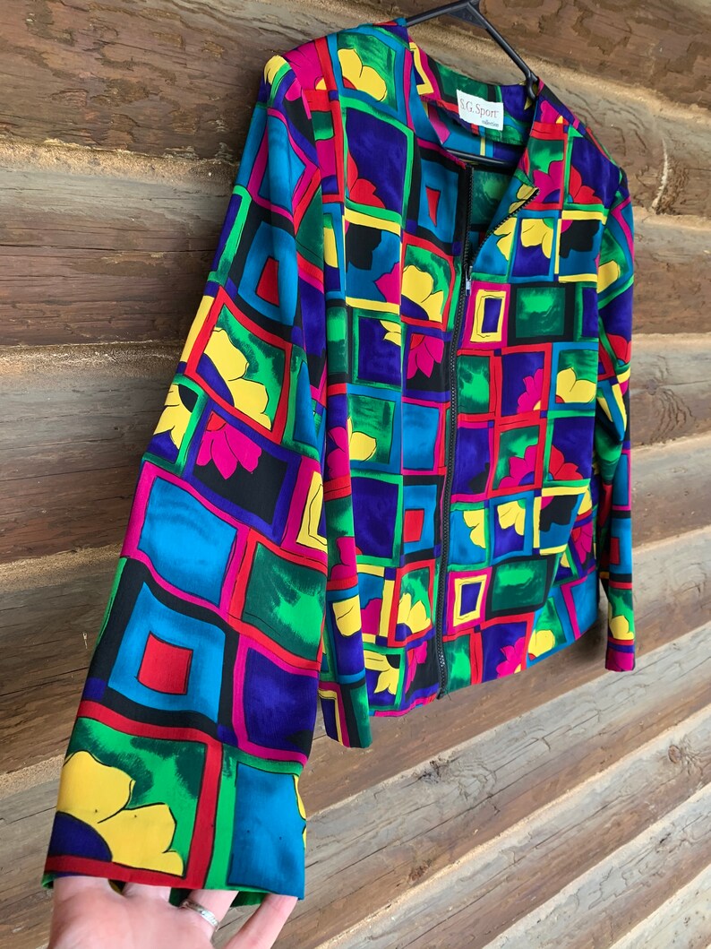 80s Color Block Blouse 80s vintage groovy shirt Floral bright long sleeve