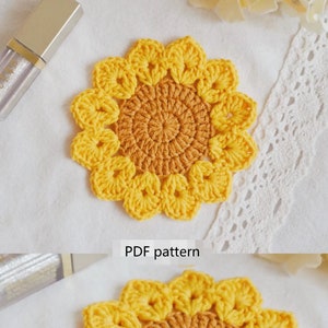 Crochet Pattern, Sunflower coaster, lace multi-colour flower pattern image 1