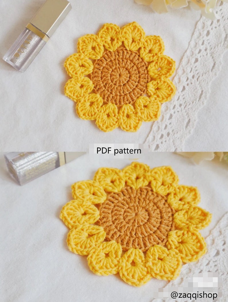 Crochet Pattern, Sunflower coaster, lace multi-colour flower pattern image 1