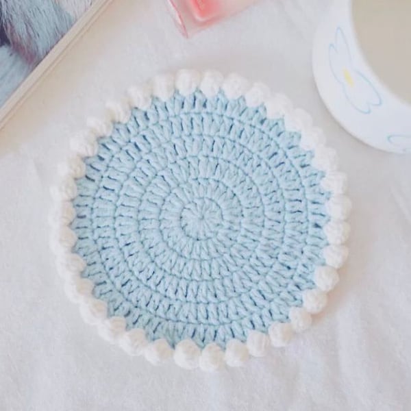 Crochet Pattern, Puff Rim Coaster, Round, Flower Trim, Easy to make, Beginner Crochet