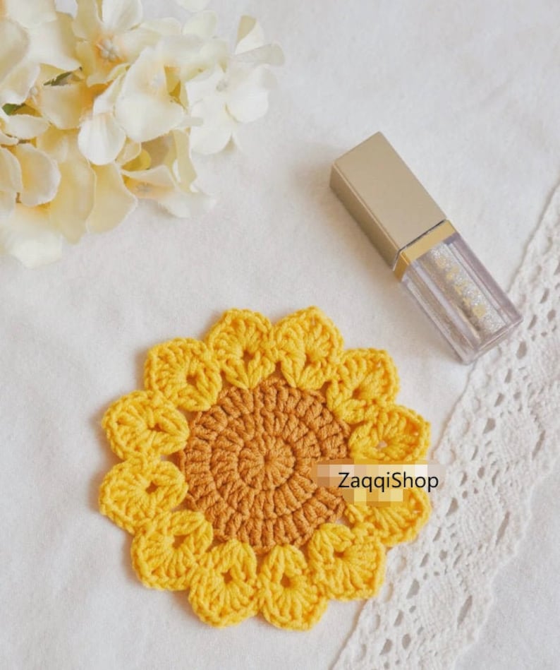 Crochet Pattern, Sunflower coaster, lace multi-colour flower pattern image 2