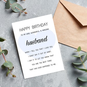 Tarjeta de cumpleaños imprimible para mi esposo / Descarga instantánea / Tarjeta de felicitación digital / Tarjeta de felicitación imprimible