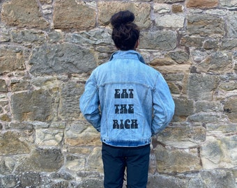 EAT THE RICH -- Printed Vintage Denim Jacket -- Oversized