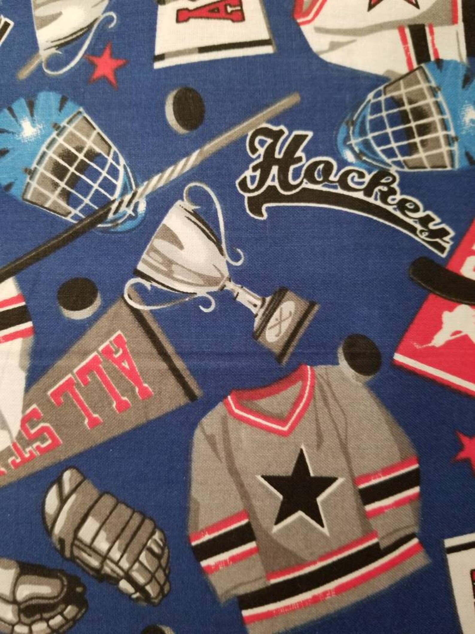 Hockey Printed on Blue Cotton Fabric Etsy