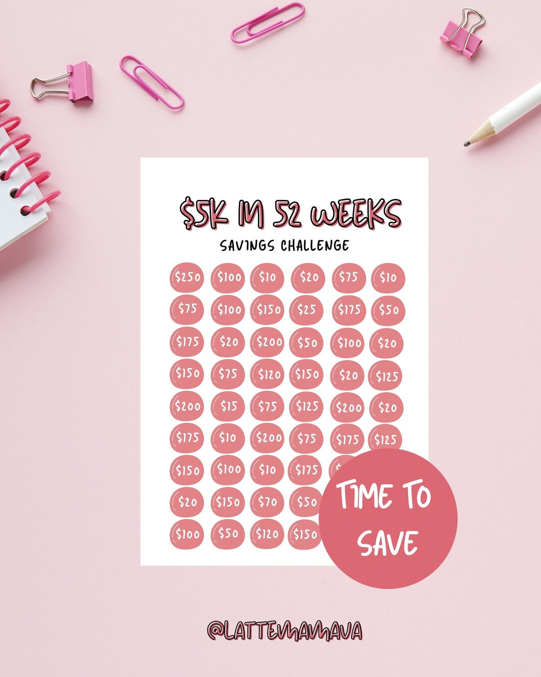 52 Week Savings Challenge, 5,000 Savings Challenge Tracker, Money
