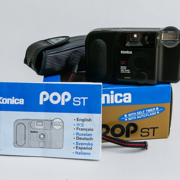 Vintage Film Camera Konica POP ST 35 mm Film Camera. Point and Shoot Camera With Box and Case