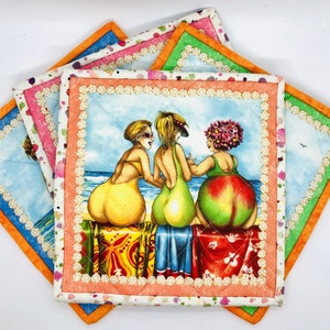 May include: Three women in swimsuits stand on a beach with a colourful background. The women are wearing sunglasses and have different hairstyles. The background is a beach scene with palm trees and a blue sky.
