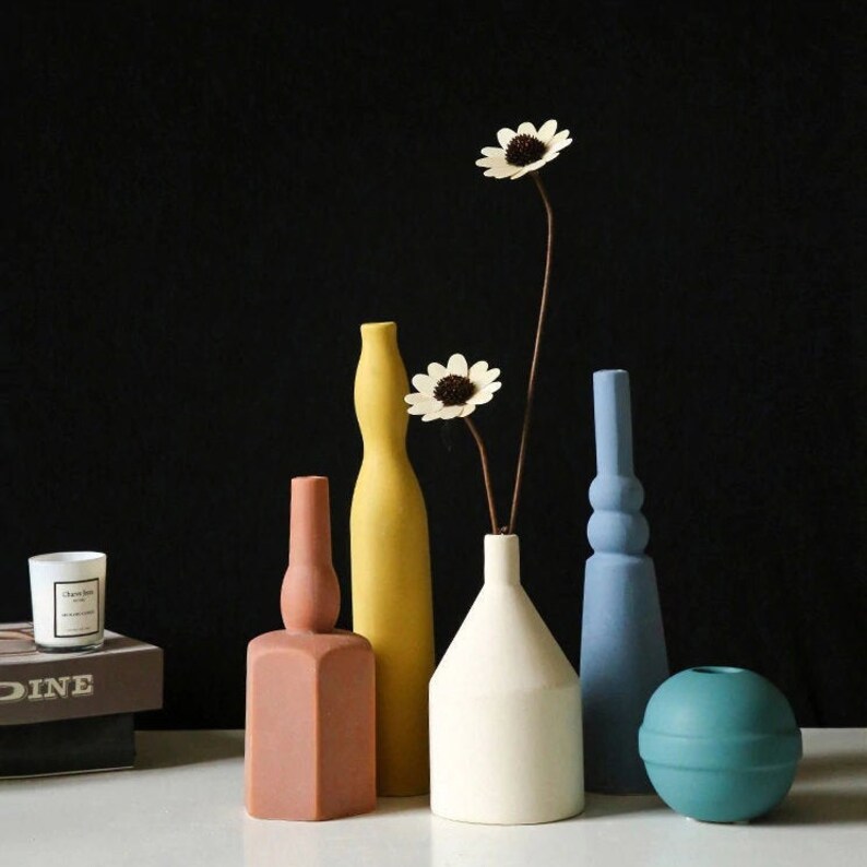 Geometric Floral Ceramic Vase Minimal Vase Tabletop Vase Etsy