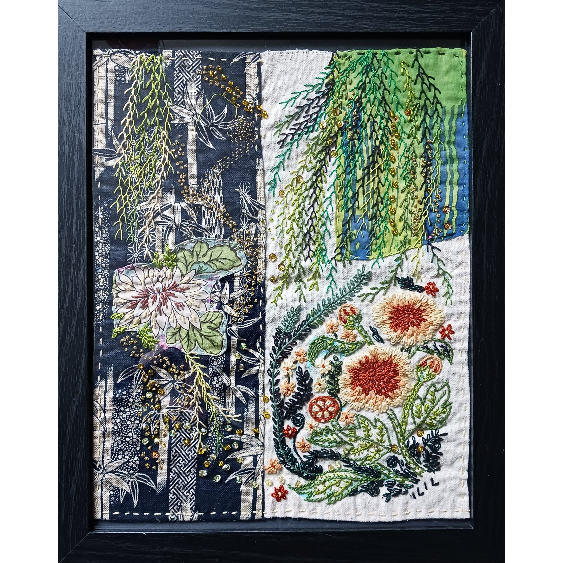 A Framed Textile Art Depicting Fireflies Floating Overchrysanthemums ...